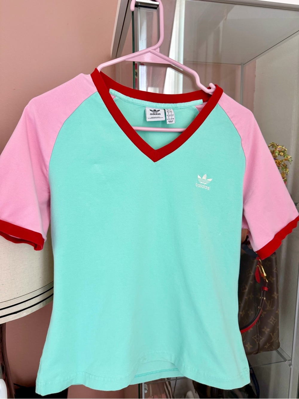 adidas Mint Tee with Pink Raglan Sleeves and Red Trim